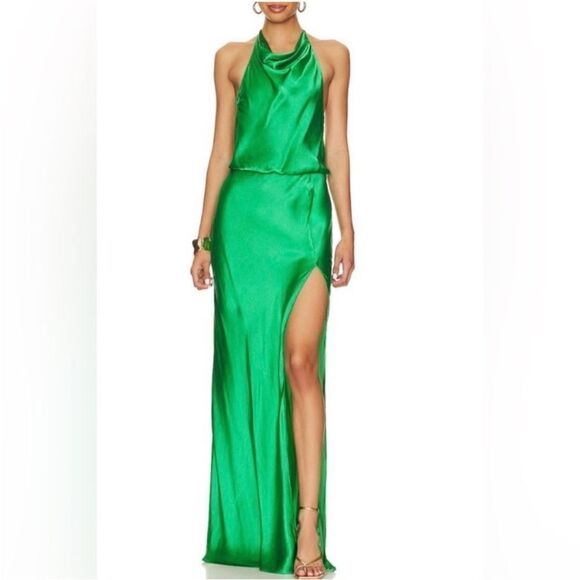 Amanda Uprichard Elegant Green Satin  100% silk Halter Dress, XS - Picture 7 of 16